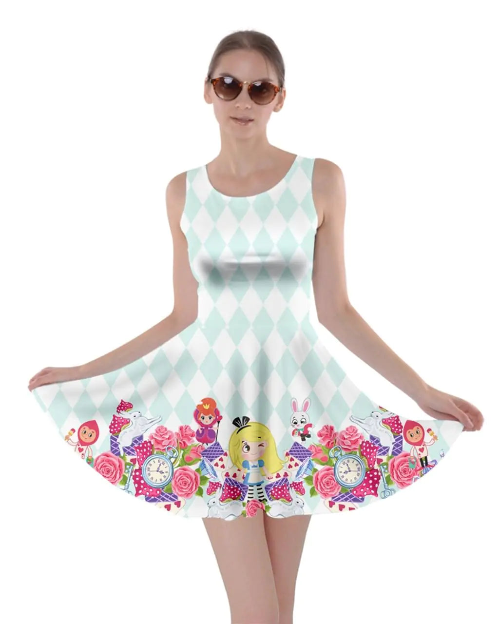 Womens Summer Dress Alice Wonderland Rabbit Harlequin Print Skater Dress - S
